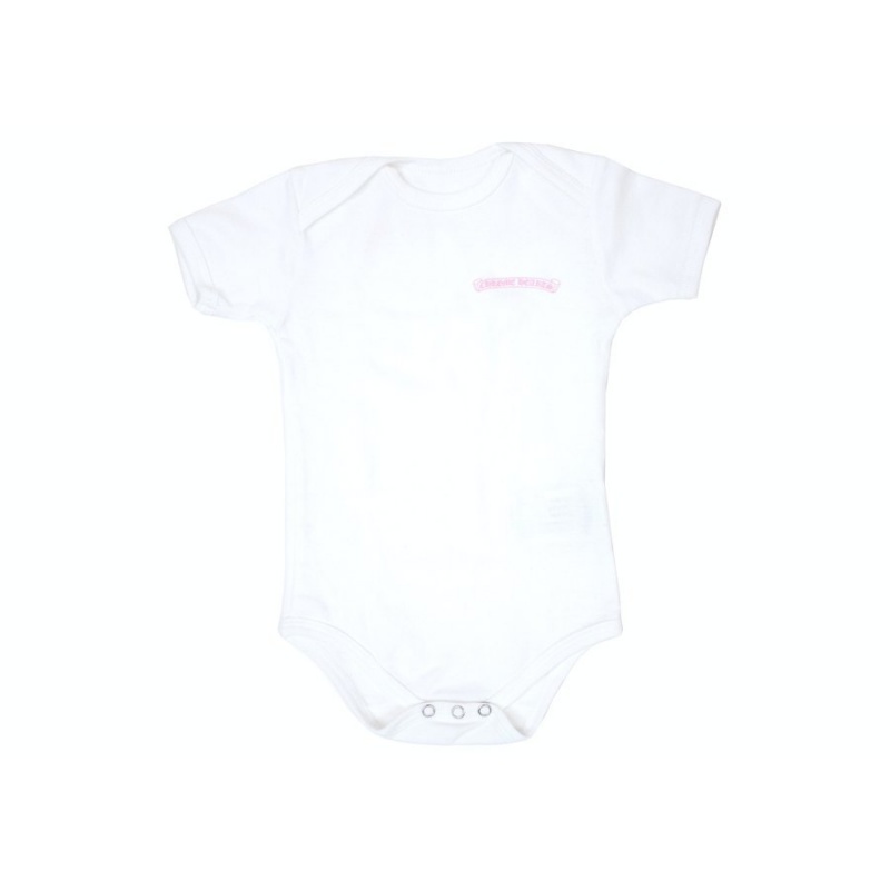 White/Pink Chrome Hearts Baby Scroll Logo Onesie | VH88-pE64